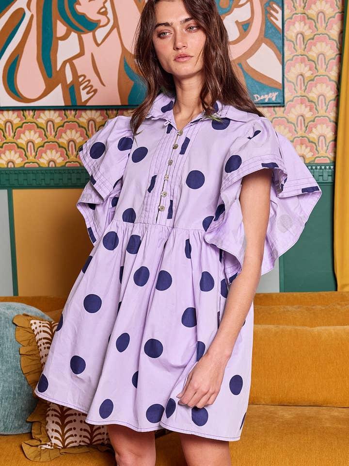 BUCKETLIST - Wholesale Dress - Women's - ID4283 Ruffle Sleeve Pintuck Detail Polka Dot Mini Dress