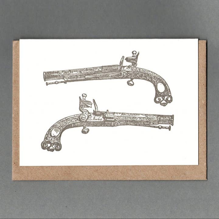 pistole. Biglietto d'auguri con stampa tipografica, ecologico per la vendita all'ingrosso da parte di The Passenger Press