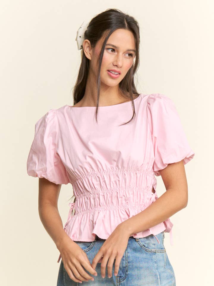 Boat Neckline Smocked Puff Sleeves Top for wholesale by CANDESCENT