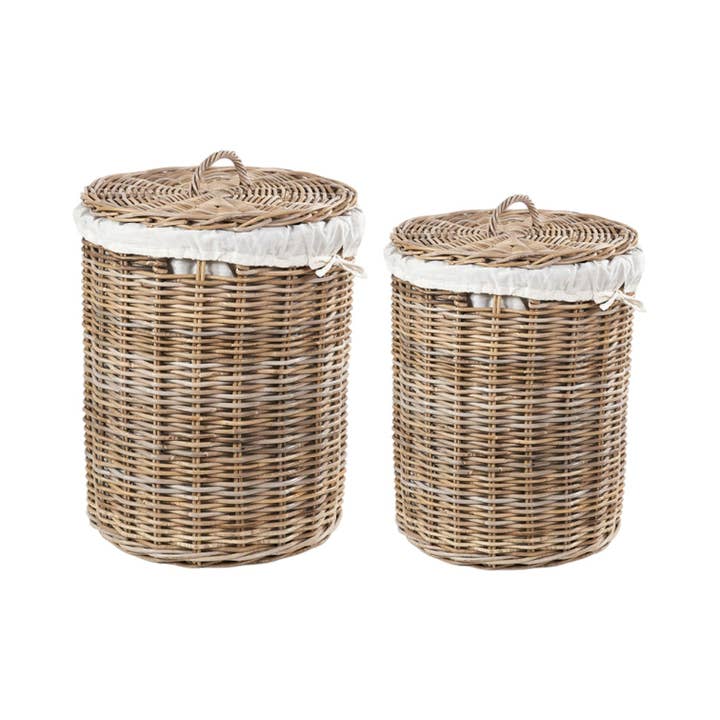 Set di 2 ceste rotonde in lino grigio Kubu Rattan per la vendita all'ingrosso da parte di Red Hamper