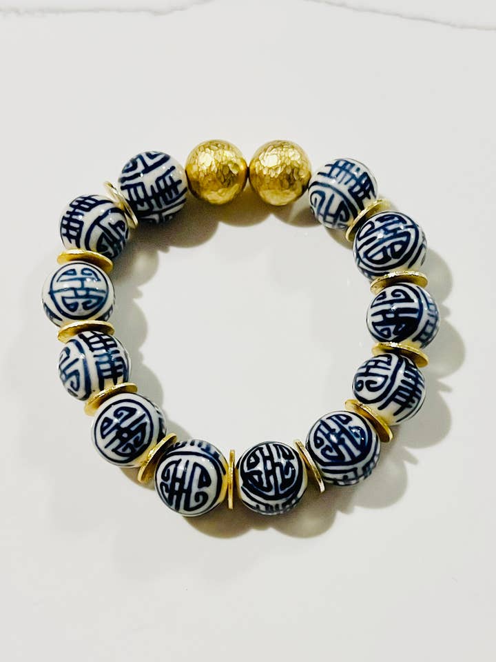 Handmålade keramiska Chinoiserie Stretch Armband Mässing Bead för wholesale av GentrybyJenna