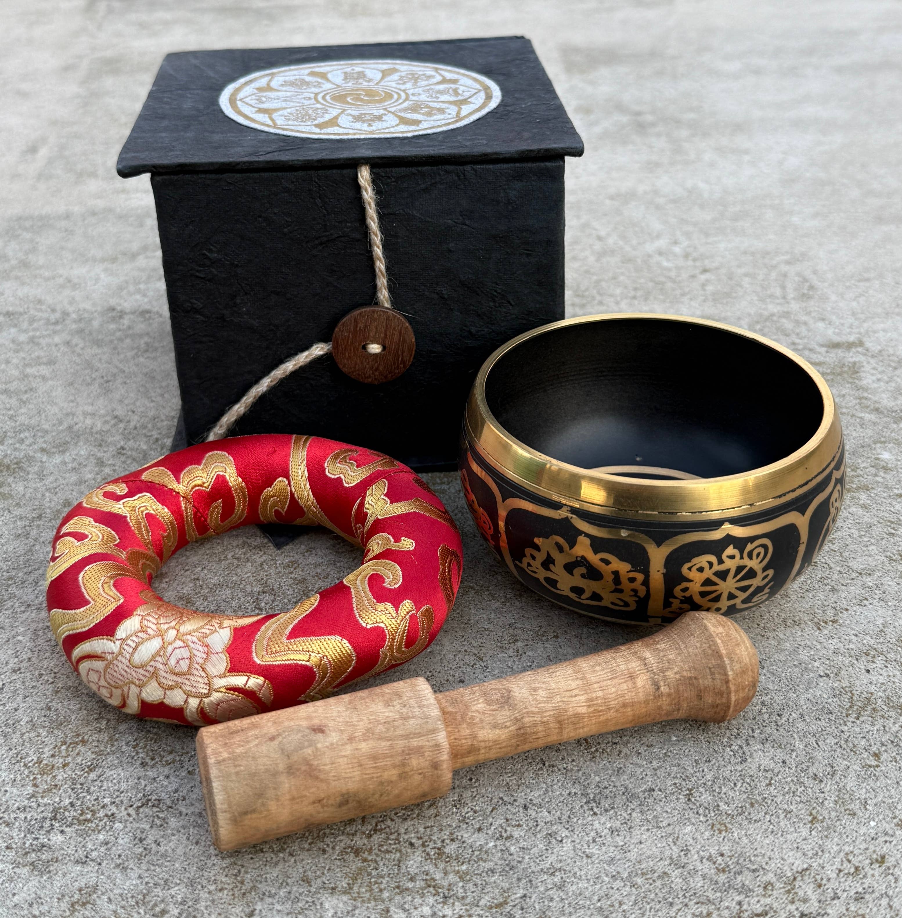 Lungta Imports - Wholesale Meditation Supplies - Tibetan Complete Singing Bowl Gift Box Set 8 Lucky Symbols 24