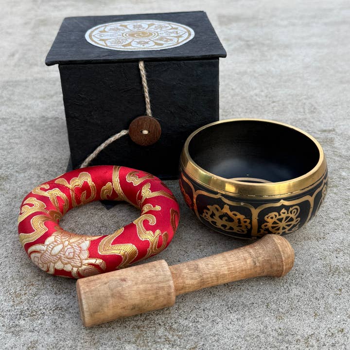 Lungta Imports - Wholesale Meditation Supplies - Tibetan Complete Singing Bowl Gift Box Set 8 Lucky Symbols 24