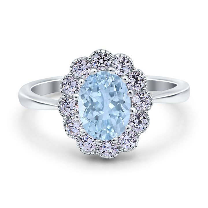 Vintage Floral Engagement Ring Oval Simulated Aquamarine CZ for wholesale by Blue Apple Imports