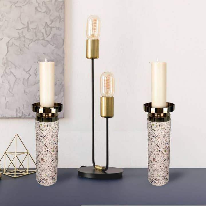 Aria Home – Engroshandel Lyseholder – Sæt med 2 guld cylinder lysestager - Moderne dekorative lysestager med splatter finish til middag