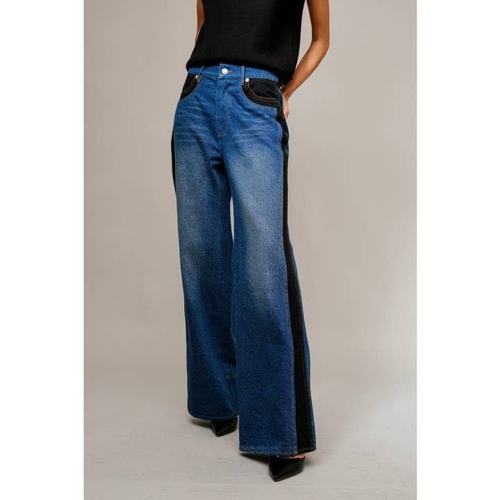 Western Two Tone Panel Wide Denim Jeans w_Pockets for wholesale by BNS