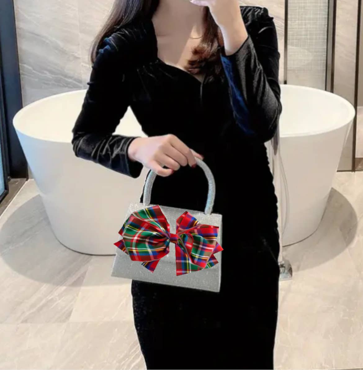 Peachy Pendants - Wholesale Top Handle Bag - Women's - Sparkle Purse - with Red Plaid Bow5