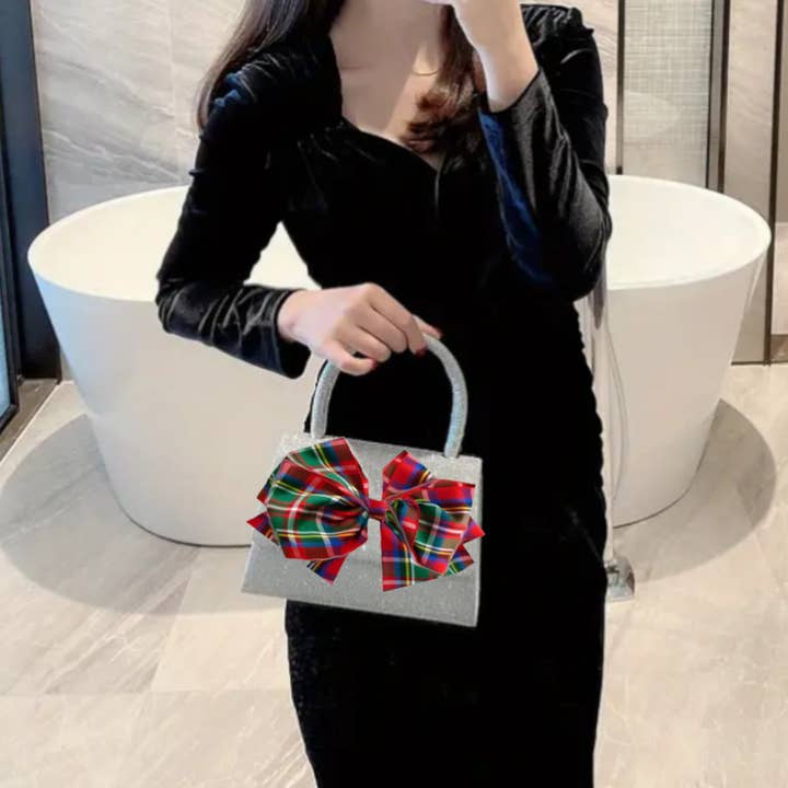 Peachy Pendants - Wholesale Top Handle Bag - Women's - Sparkle Purse - with Red Plaid Bow5