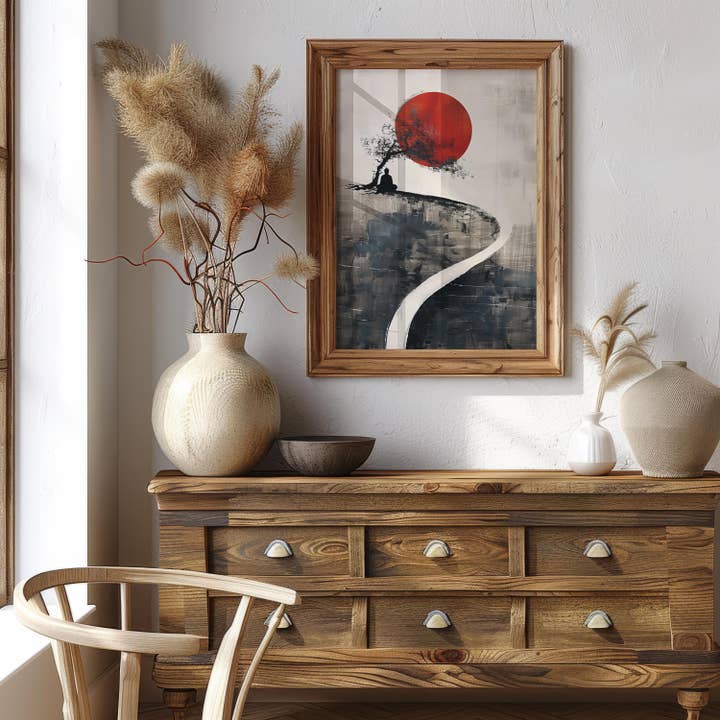 Den røde solsti | Japandi abstrakt tryk for engroshandel hos Artsriver