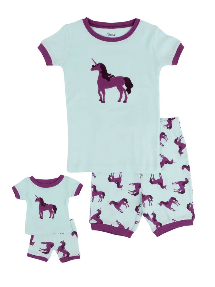 Leveret Pajamas - Wholesale Sleepwear Set - Kids - Kids Girl & Doll Matching Short Cotton Unicorn Pajamas