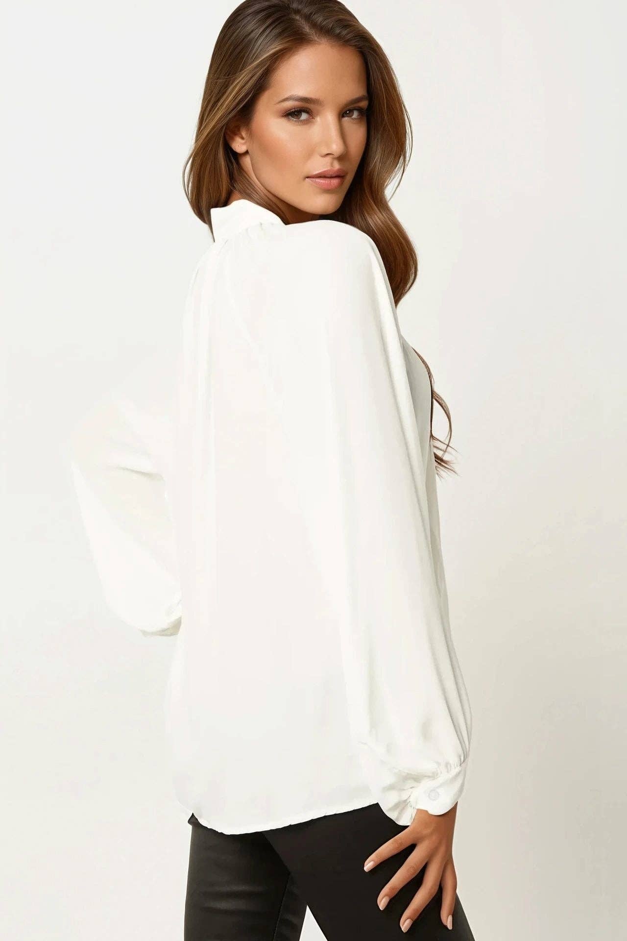 Aftershock London – wholesale Blouse – Women’s – White Long Balloon Sleeve Blouse with Tie1