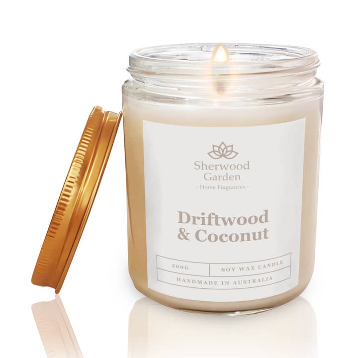 Driftwood & Coconut Soy Candle 200g for wholesale by Sherwood Garden Home Fragrances