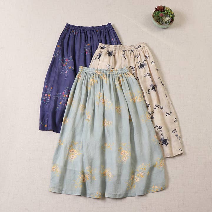 Green vintage floral print cotton linen skirts for wholesale on Faire