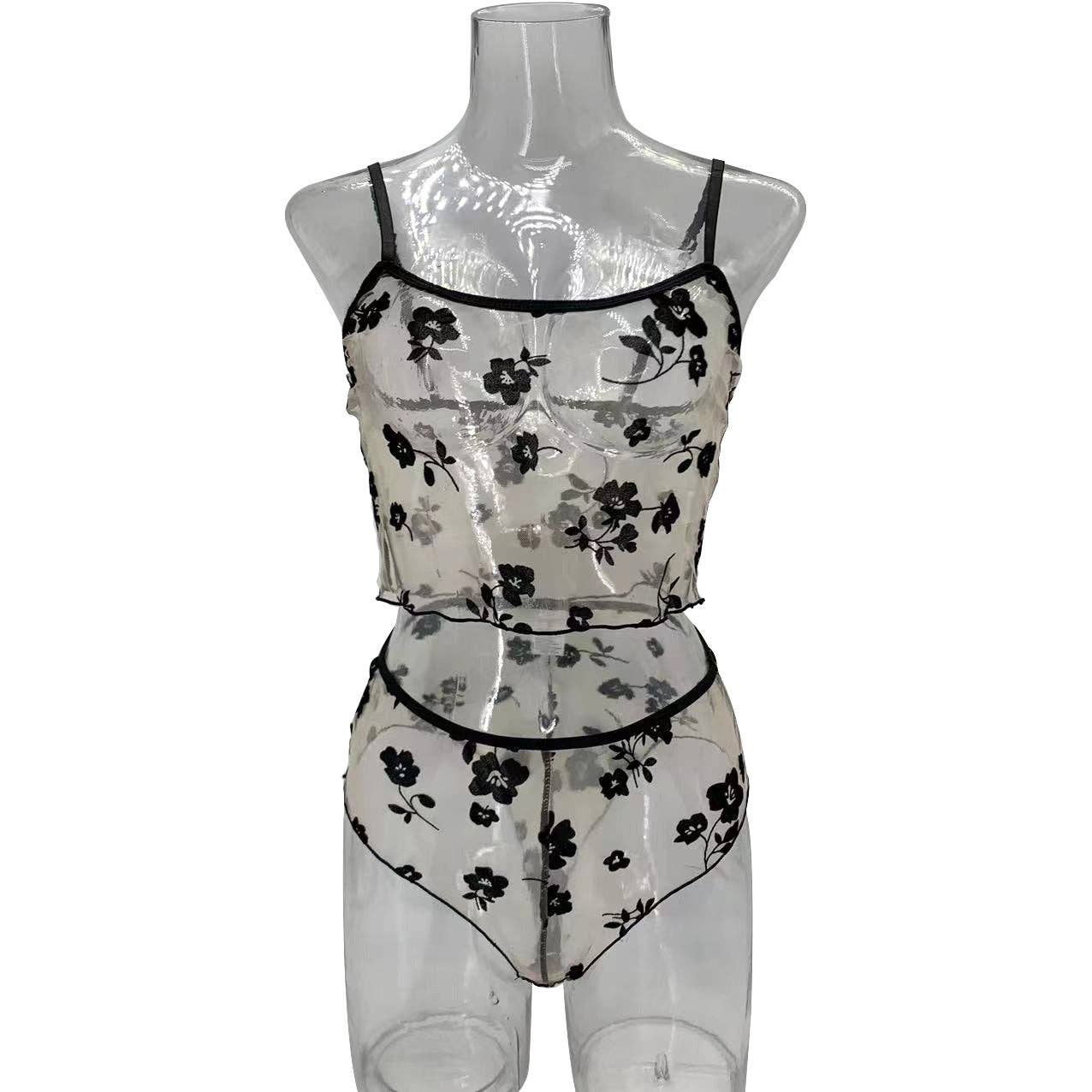 Black Ladies Floral See Through 2PCS Lingerie Set SKLG4160 for wholesale on Faire4