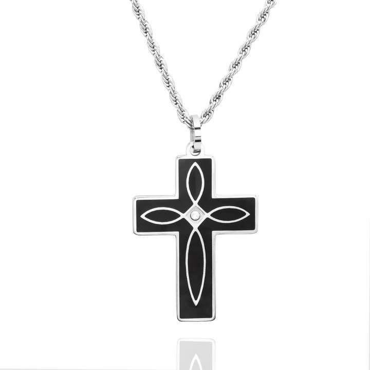 Modern Stainless Steel Black and Crystal Cross Necklace for wholesale by Joyful Sentiments