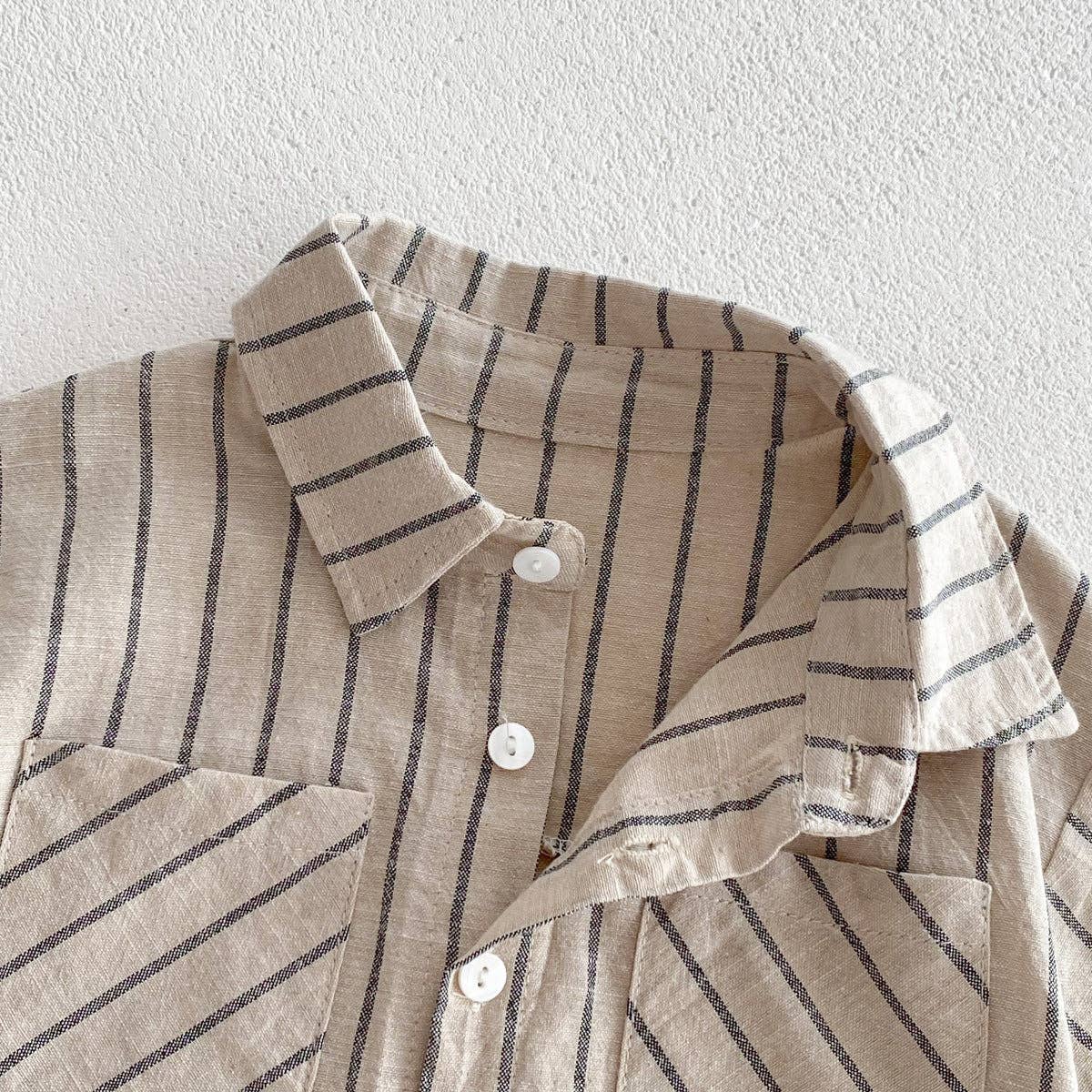 Khaki Spring Baby Kids Unisex Striped Top Shirt And Shorts Clothing Set for wholesale on Faire3