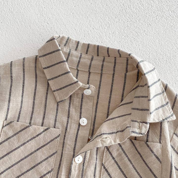 Khaki Spring Baby Kids Unisex Striped Top Shirt And Shorts Clothing Set for wholesale on Faire3