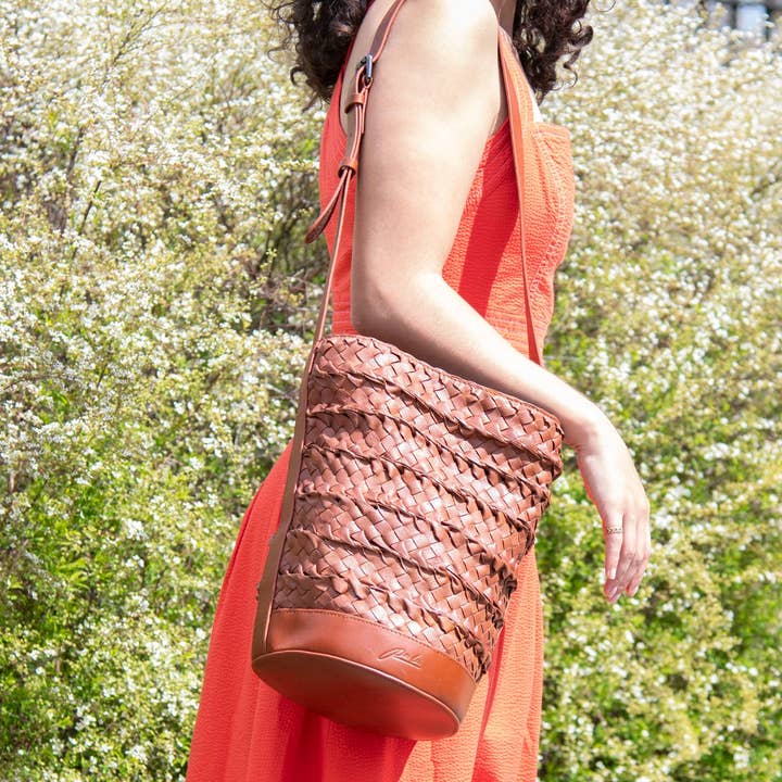 Chestnut Woven Leather Bucket Bag for wholesale by Assortment
