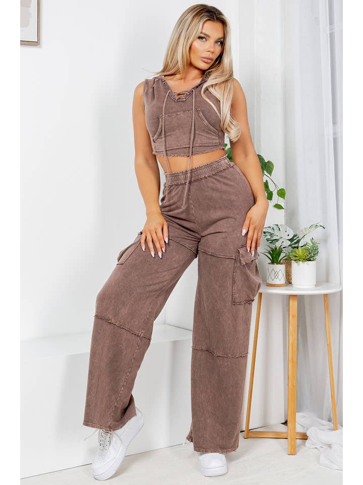 Jour - Vente Ensemble de vêtements d'intérieur – femme - Haut court à capuche délavé aux minéraux et pantalon à poche cargo GD560915