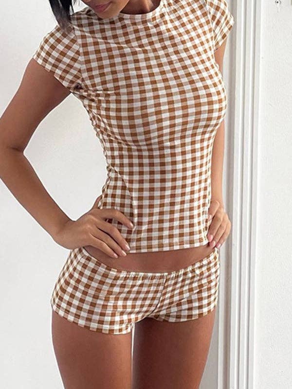 Brown Crew Neckline Shoulder Slimming Two Piece for wholesale on Faire2