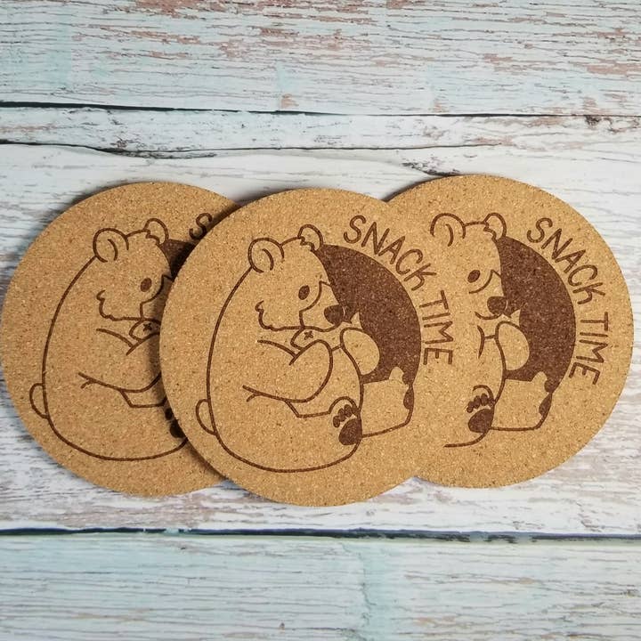 Snack Time Brown Bear Cork Coaster for wholesale by Jade Raven Arts