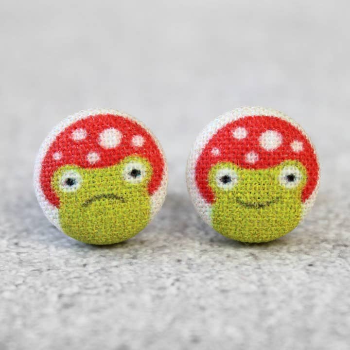 Mushroom Frog Fabric Button Earrings for wholesale by Rachel O's