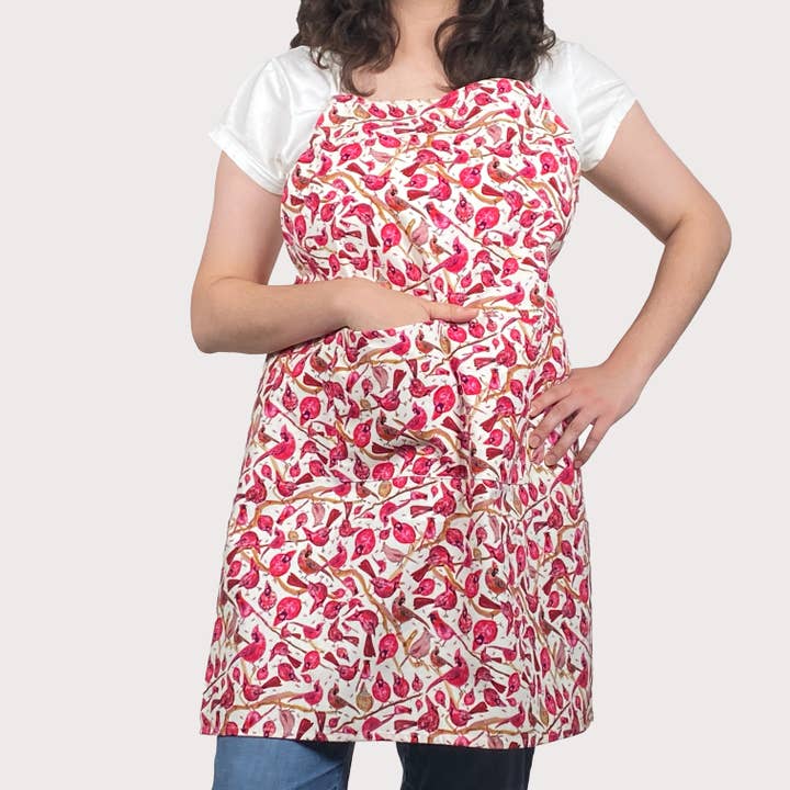Cotton Apron, Ivory Cardinal watercolor Holiday/Everyday for wholesale by Cher the Fire