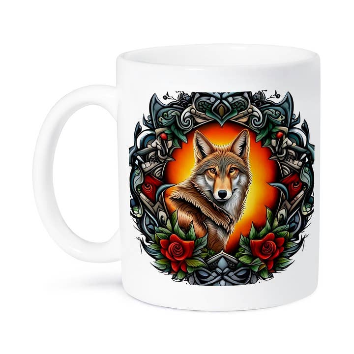 3dRose - Wholesale Coffee Mug - 3dRose, North Dakota Coyote Surrounded By Prairie Rose Tattoo Art, Mug8