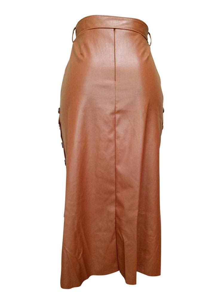 BROWN High-Waist Faux Leather Button-Slit Midi Skirt for wholesale on Faire4