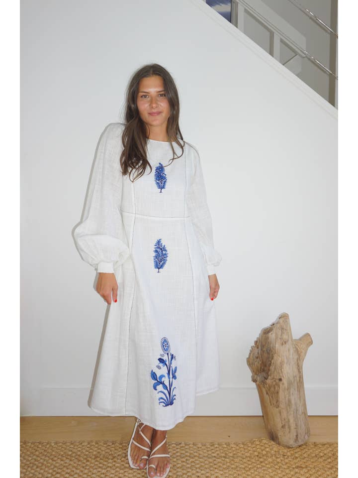 NIBI MTK - Wholesale Dress - Women's - Milo Dress in White/Blue Emb6