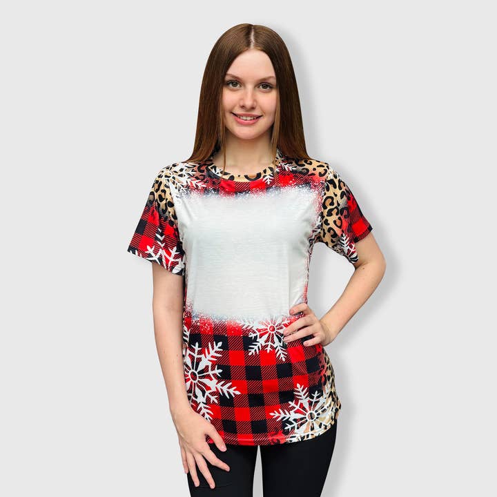 ILTEX Apparel - Wholesale Sublimation Blank T-Shirt - Women's - Buffalo Plaid Cheetah Snowflakes Blank Faux Bleached Top2