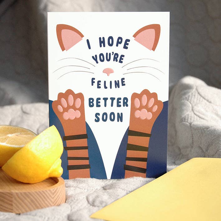 Cat Card - Feline Better - Embossed Get Well Soon Card for wholesale by Twenty Birds