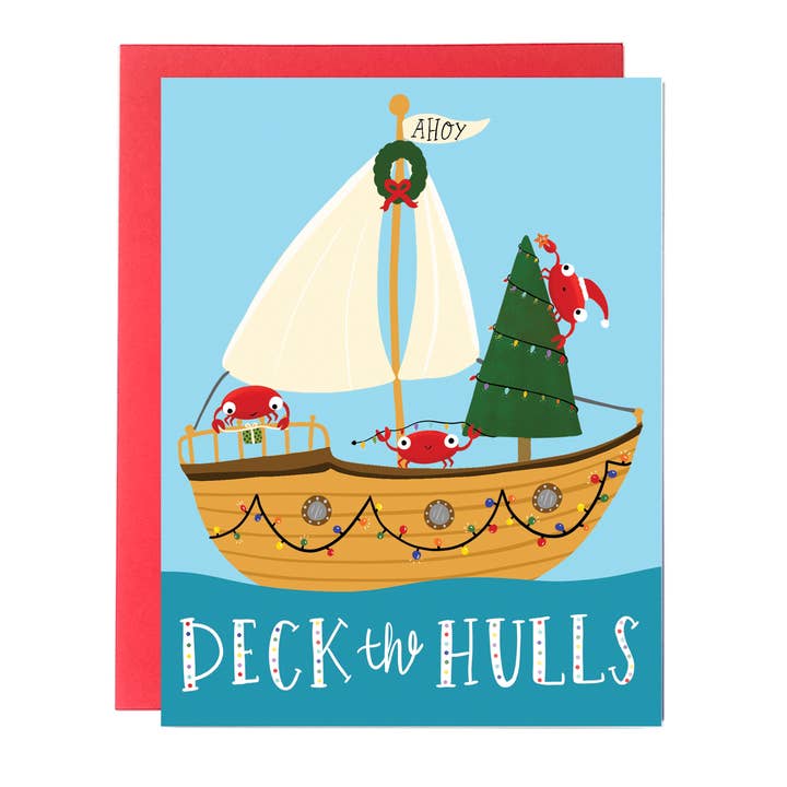Deck The Hulls Crab Christmas Card for wholesale by Fox Card Co