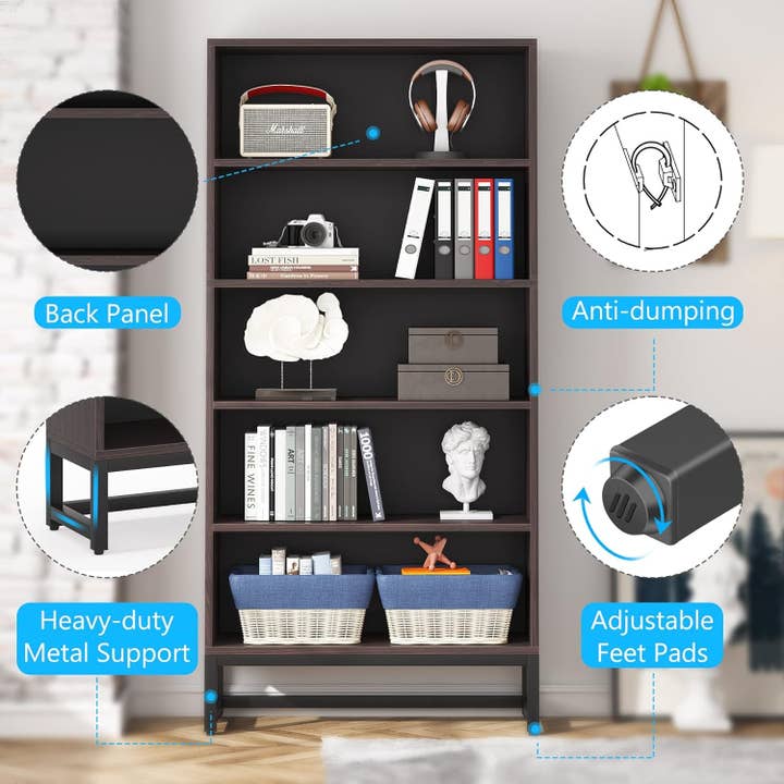 Sandalwood Tall Bookcase and Bookshelf, 70.8” Large Bookcases Organizer with 5-Tier Storage Shelves, Heavy Duty Free-Standing Library Bookshelf Shelving Unit for Living Room, Bedroom (Sandalwood) for wholesale on Faire3