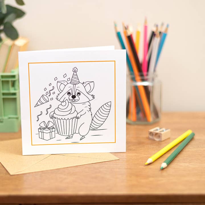 Children's Colouring In Party Raccoon - Colouring In Card for wholesale by Sjstationery