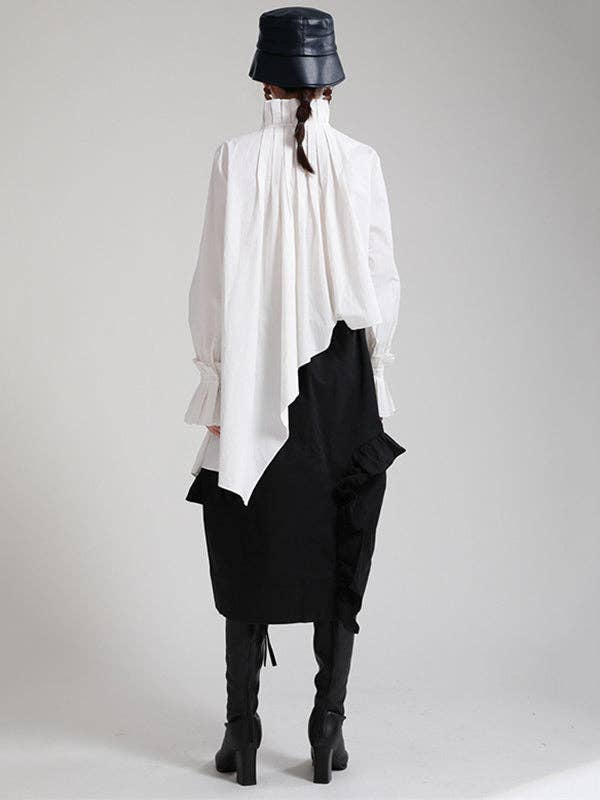 WHITE Original Stylish Irregular Pleated Buttoned Stand Collar Long Sleeves Blouse for wholesale on Faire11