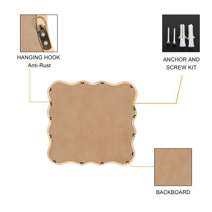Orange County Decor - Wholesale Wall Mirror - Solid Wood Wavy Square Mirror Natural Wood 36" X 36" Modern Mirror Wall Decor For Bathroom, Bedroom, Living Room, Dining Room, Cloakroom, Entryway Natural Wood Glass Solid Wood4