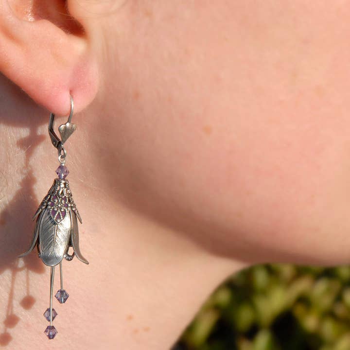 NoMonet - Wholesale Dangle Earrings - Flower Fairy: Painted Mystic Lily Flower Earrings w Crystals
