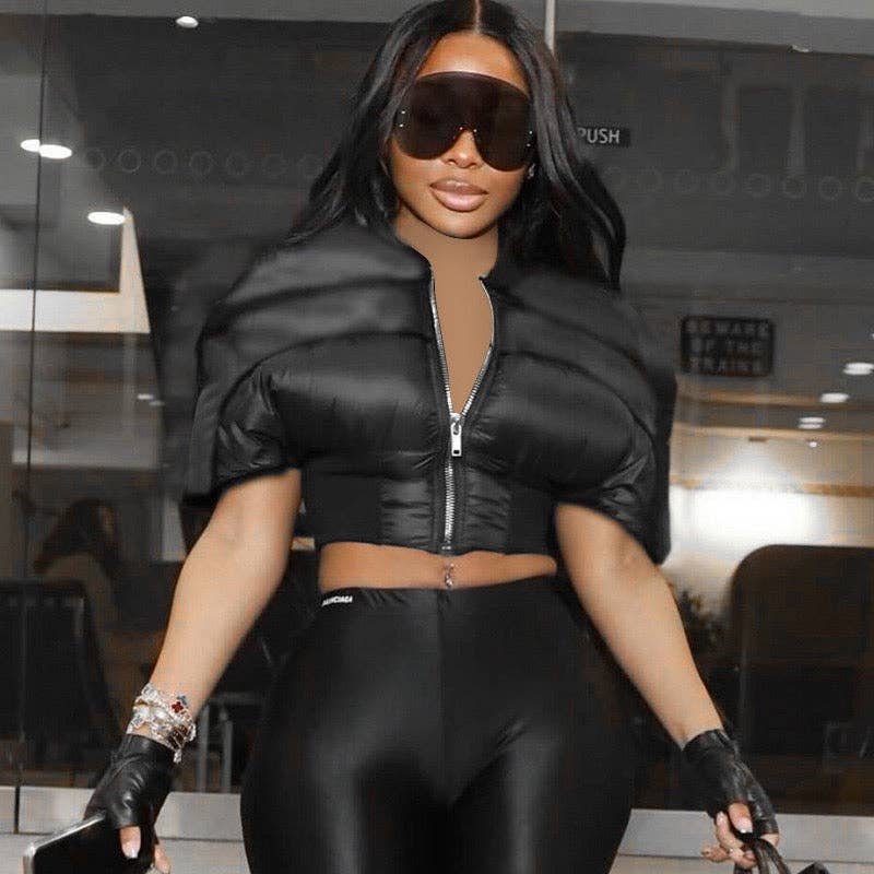 BLACK Every Fashion Short Sleeve Cropped Puffer Jacket 300 for wholesale on Faire2