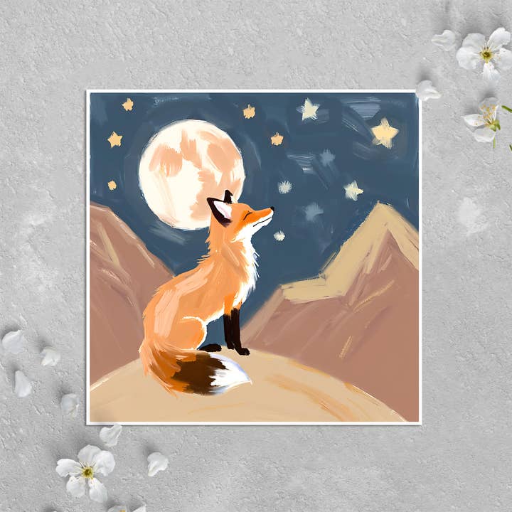 Tarjeta navideña: Feliz año nuevo, zorro, luna y estrellas para venta al por mayor de KalooMoon Art