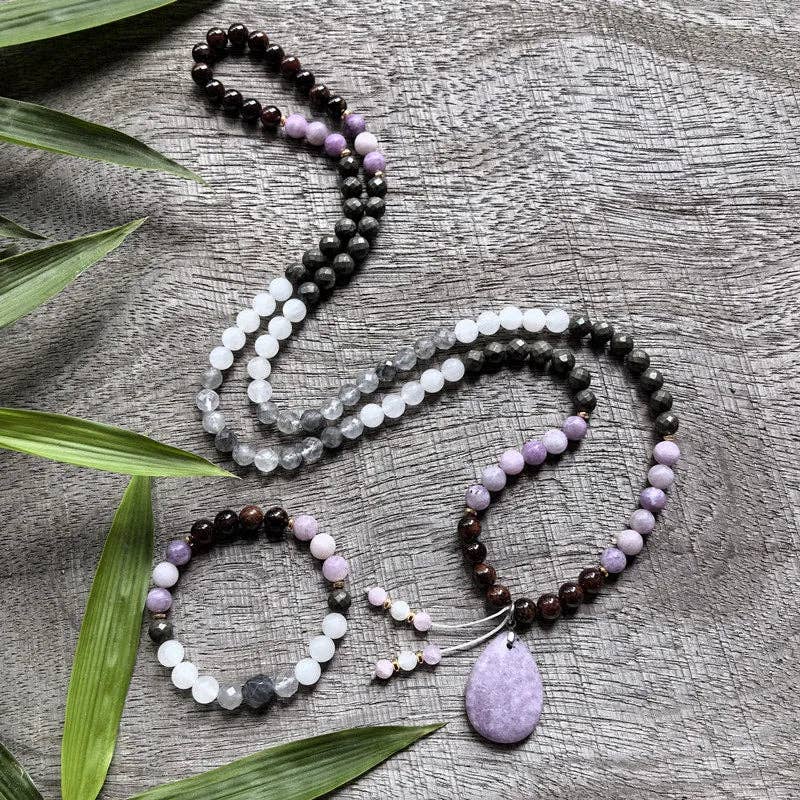 Harmony Mala - Wholesale Beaded/Pearl Necklace - Lepidolite, Pyrite, Gray Crystal, Garnet Mala Bead Necklace5