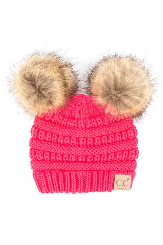 Hana – wholesale Mössa - Barn – C.C Solid Ribbed Baby Naturpäls Double Pom Pom Mössa3