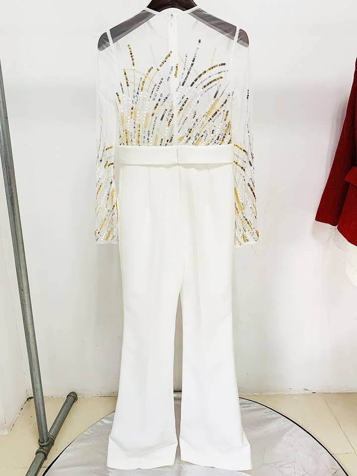 White JP009 Luxe Sequin & Diamond Mesh Jumpsuit for wholesale on Faire2