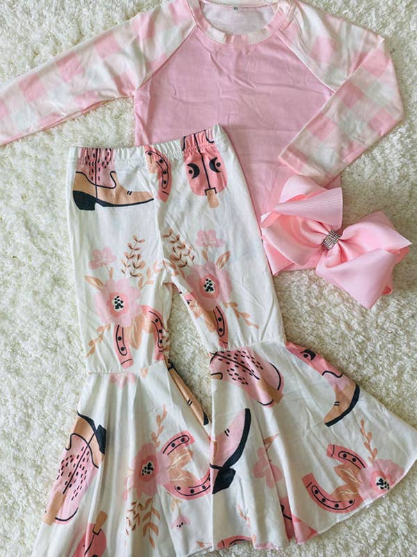 Western pink top bell bottom 2pcs girls set DLH2698 for wholesale by luluclothes