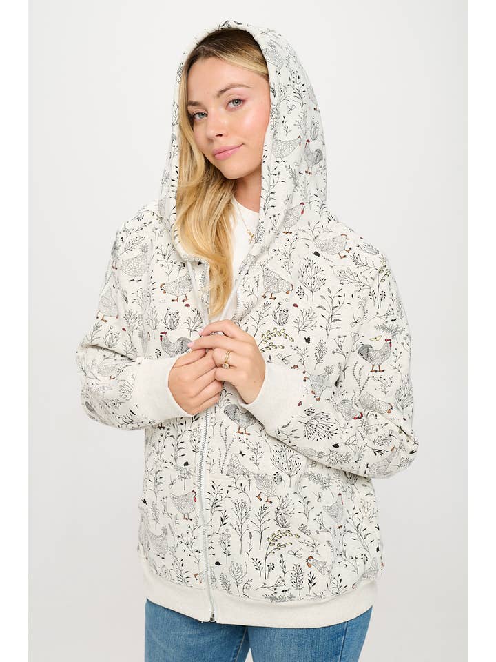 SM WARDROBE - Wholesale Hoodie - Women's - ROOSTER FLORAL PRINT ZIP HOODIE