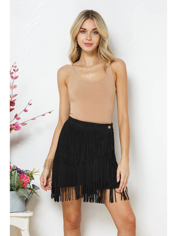 TAN 12135S-N - Faux Suede Wrap Snap Closure Fringe Western Skirt for wholesale on Faire10