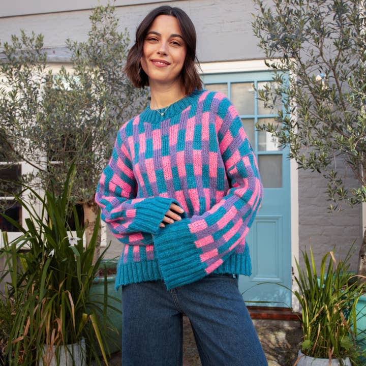 Cara & The Sky - Vendita all'ingrosso Maglione tricot - Donna - Maglione a Maglia con Ampie Maniche a Motivo Geometrico Charlotte - Teal8