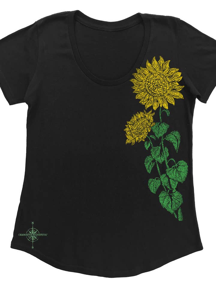 Scoop-Neck Tee - Sunflowers - Black for wholesale by Change Your Latitude