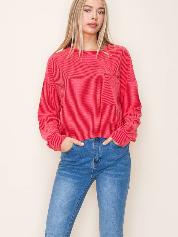 Tres Bien, Inc - Wholesale Knit Top - Women's - L/S RIBBED ROUND NECK TOP WITH POCKET