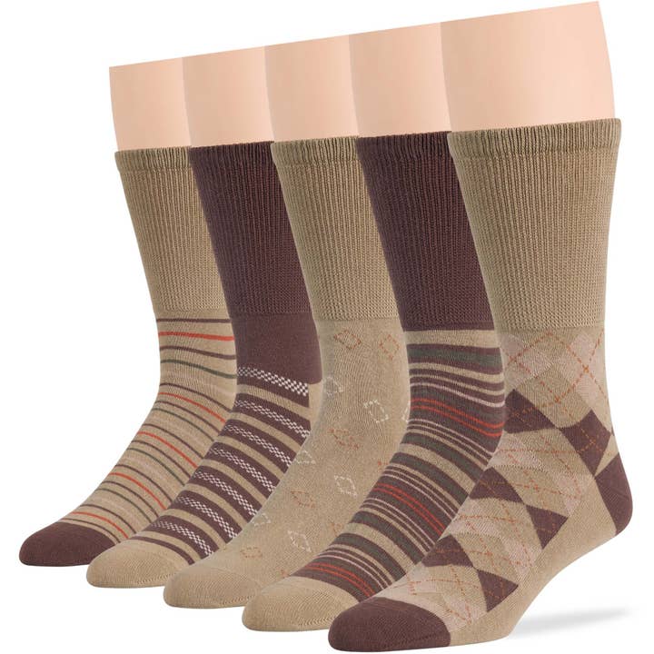 Men's Cotton Diabetic Stripe Crew Socks - 5 Pack - Brown for wholesale by 7Bigstars Kingdom